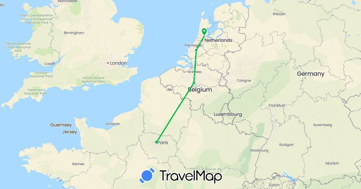 TravelMap itinerary: driving, bus in Belgium, France, Netherlands (Europe)